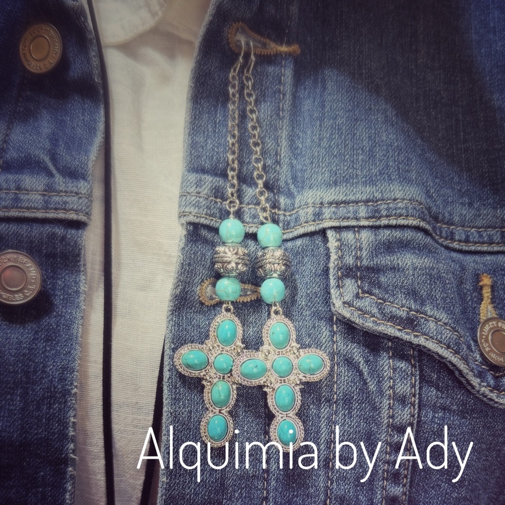 🌵✨ Desert Mystic Turquoise Cross Duster Earrings — Western Oddity Shoulder‑Dust - Picture 3 of 8
